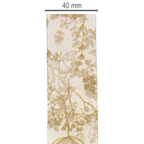 Geschenkband aus Polyester mit Pflanzenmotiven 40 mm x 20 m Creme Gold | Floristik24.at
