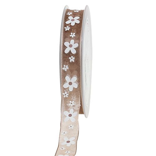 Floristik24 Dekoband Hellbraun mit Blumenmotiv 15mm 20m