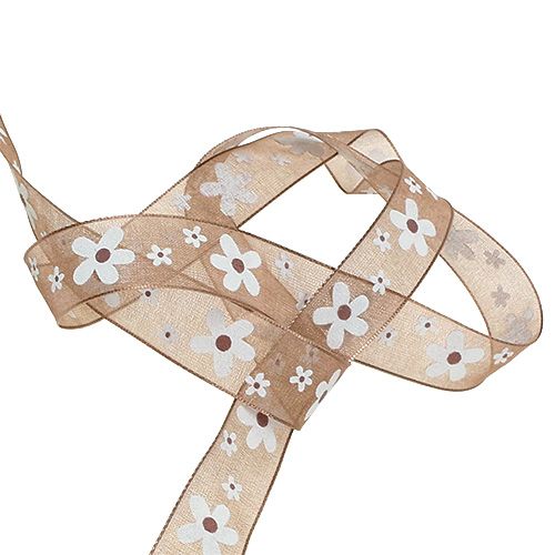 Floristik24 Dekoband Hellbraun mit Blumenmotiv 15mm 20m