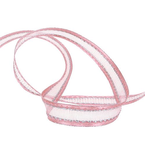 Floristik24 Dekoband Rosa mit Lurexstreifen in Silber 15mm 20m