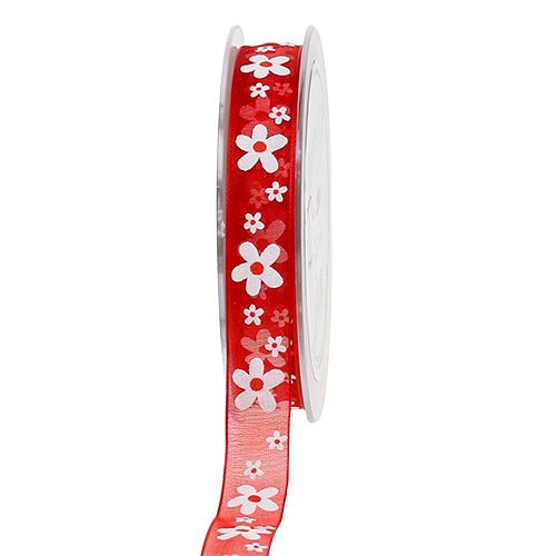 Floristik24 Dekoband Rot mit Blumen 15mm 20m