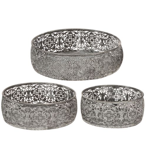 Dekoschale Metall Ø16/19,5/23,5cm Grau-Weiß Florales Muster 3er-Set | Floristik24.at