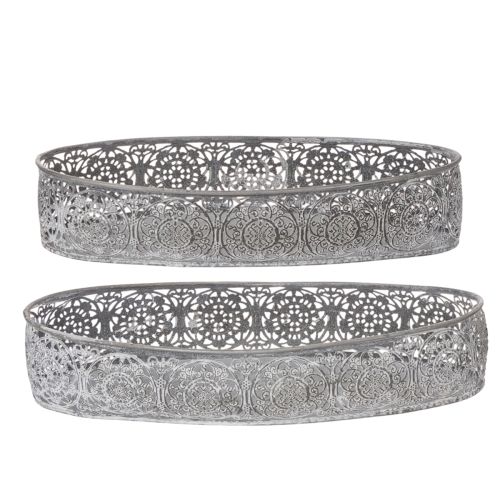 Dekoschalen-Set Metall Oval Silbergrau Weiß Floral 36cm/33,5cm | Floristik24.at