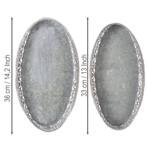Dekoschalen-Set Metall Oval Silbergrau Weiß Floral 36cm/33,5cm | Floristik24.at