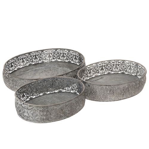 Dekoschalen-Set Metall Oval Silber-Grau Florales Muster 25,5/29/34,5cm