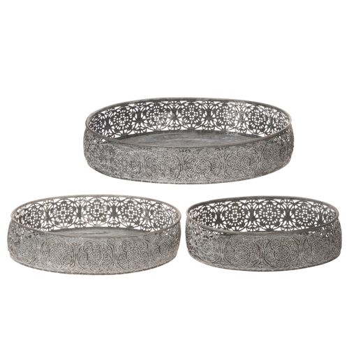 Dekoschalen-Set Metall Oval Silber-Grau Florales Muster 25,5/29/34,5cm | Floristik24.at