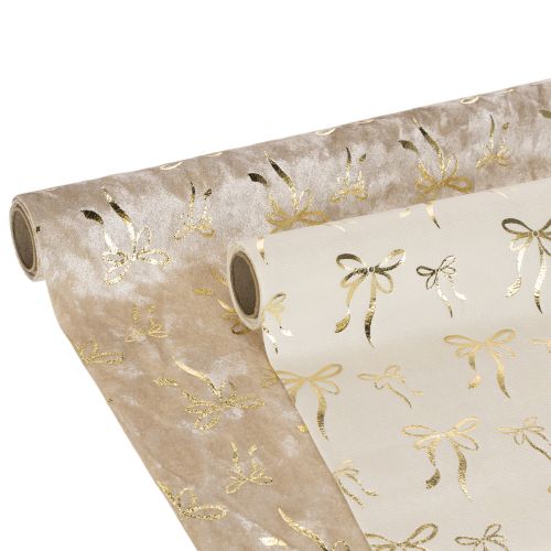Tischband Dekostoff Polyester 120x35 cm Beige Creme mit Goldenen Schleifen