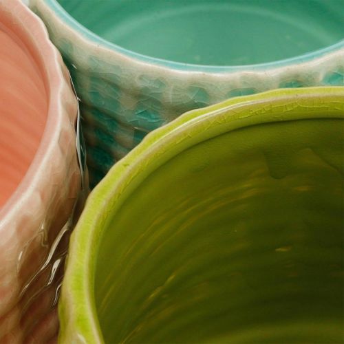 Artikel Dekotöpfe mit Korbmuster, Pflanzgefäß, Keramik-Übertopf Mint/Grün/Rosa Ø13cm 3St