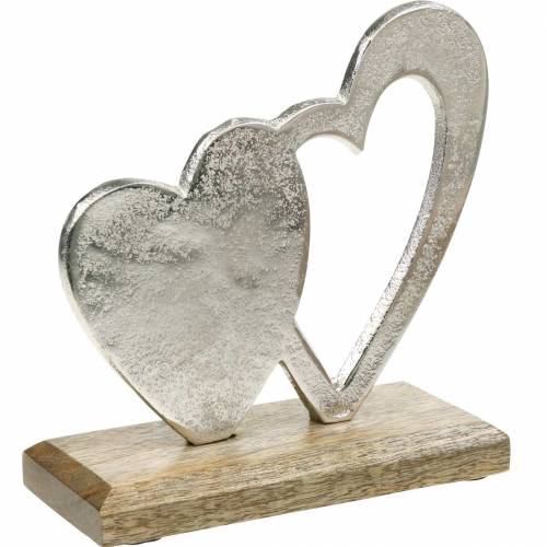 Floristik24 Dekoherz Silbern, Metallherz auf Mangoholz, Valentinstag, Tischdeko Doppelherz