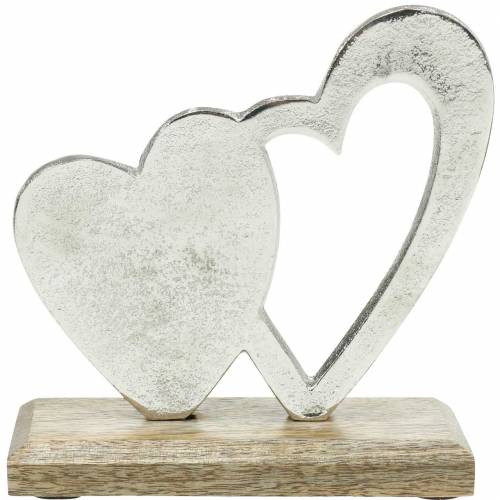Floristik24 Dekoherz Silbern, Metallherz auf Mangoholz, Valentinstag, Tischdeko Doppelherz