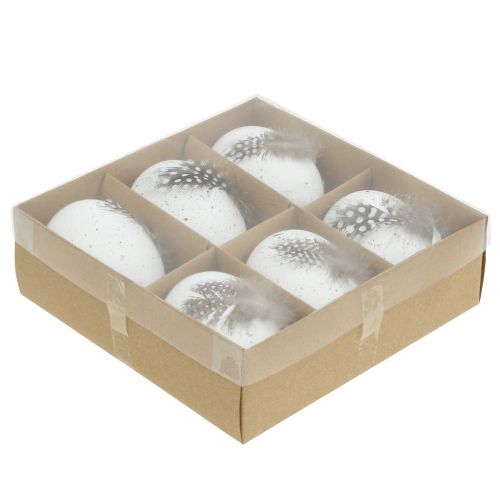 Floristik24 Eier Weiß mit Federn 7cm 6St