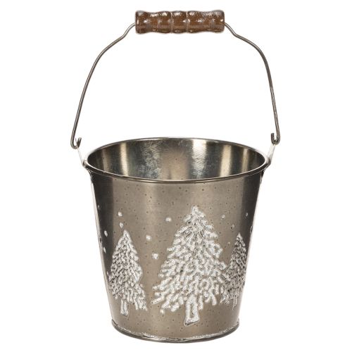 Deko-Eimer aus Zink mit Tannen und Holzgriff 13 cm