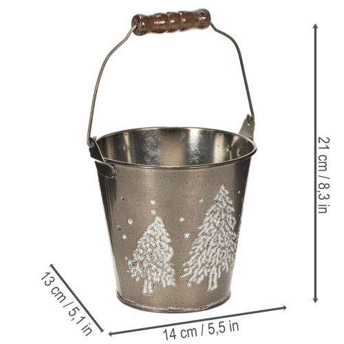 Deko-Eimer aus Zink mit Tannen und Holzgriff 13 cm | Floristik24.at