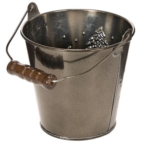Deko-Eimer aus Zink mit Tannen und Holzgriff 13 cm | Floristik24.at