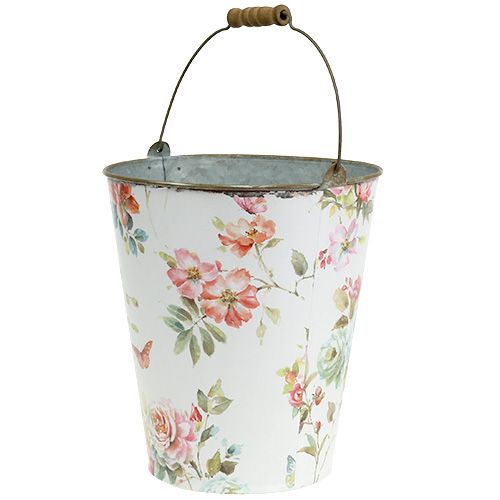 Floristik24 Eimer Weiß mit Blumenmuster Ø20,5cm H22,5cm