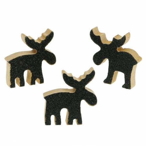 Floristik24 Weihnachtliche Streudeko Elch Holz Schwarz Glitzer 5×5,5cm 12St