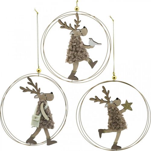 Floristik24 Rentier zum Hängen, Weihnachtsanhänger, Adventsdeko im Ring Ø15cm 3er-Set