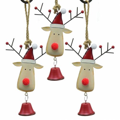 Floristik24 Weihnachtsanhänger Elchkopf mit Glocke 11,5cm Rot, Beige 3St