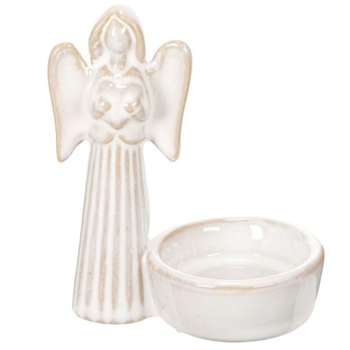 Engelsfigur mit Schale und rundem Teelichthalter aus Keramik, 10 cm, 3er Set, weiß