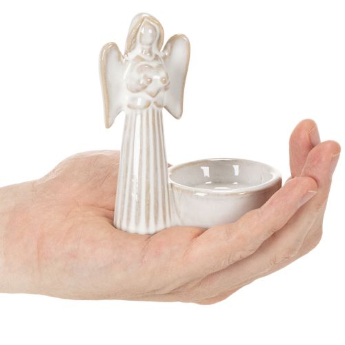 Engelsfigur mit Schale und rundem Teelichthalter aus Keramik, 10 cm, 3er Set, weiß | Floristik24.at