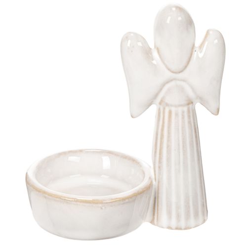 Engelsfigur mit Schale und rundem Teelichthalter aus Keramik, 10 cm, 3er Set, weiß | Floristik24.at