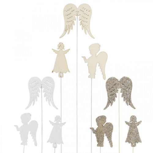 Floristik24 Adventstecker Engel, Flügel zum Stecken, Holzengel, Weihnachtsdeko Natur, Weiß, Goldglitter 18 St