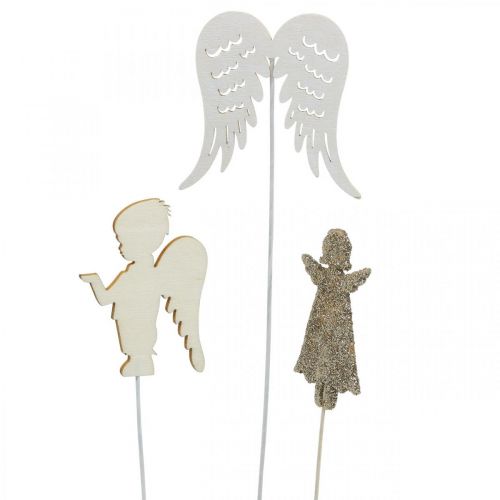 Floristik24 Adventstecker Engel, Flügel zum Stecken, Holzengel, Weihnachtsdeko Natur, Weiß, Goldglitter 18 St