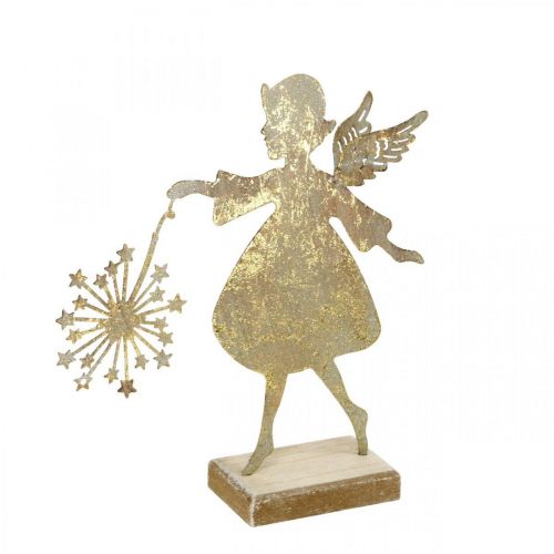 Floristik24 Dekoengel mit Pusteblume, Adventsdeko aus Metall, Weihnachtsengel Golden Antik-Optik H21cm