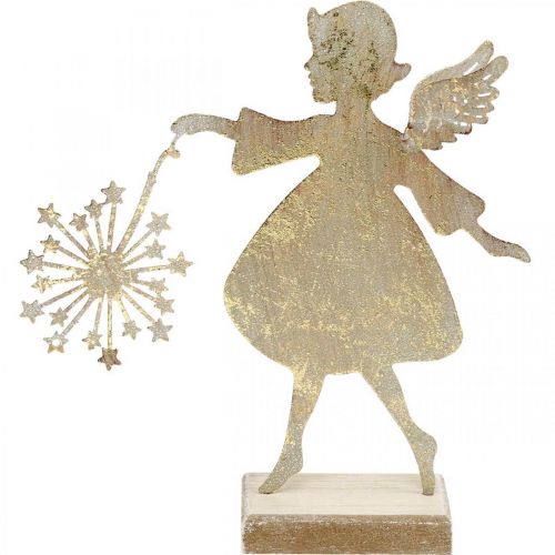 Engel mit Pusteblume, Metalldeko für Weihnachten, Dekofigur Advent Golden Antik-Optik H27,5cm