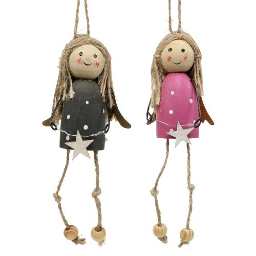 Floristik24 Engel aus Holz zum Hängen Grau, Pink 7,5cm 6 St