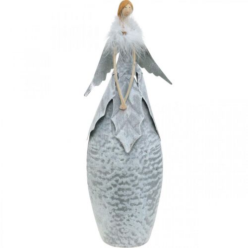 Deko Engel Figur mit Federboa Grau Metalldeko Weihnachten 38cm