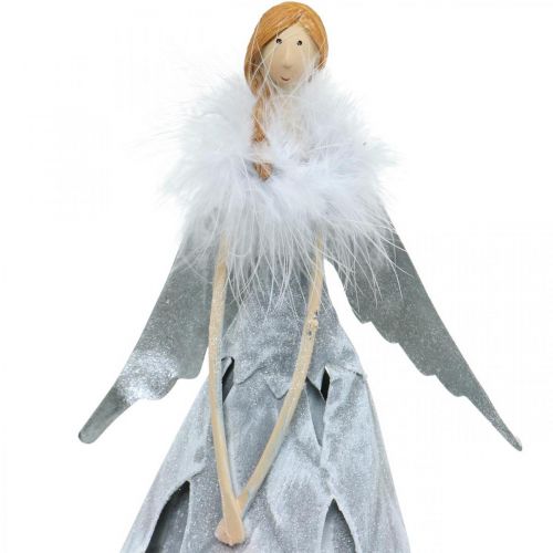 Floristik24 Deko Engel Figur mit Federboa Grau Metalldeko Weihnachten 38cm