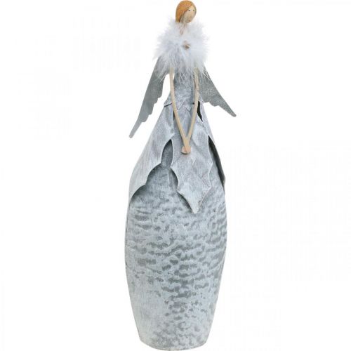 Floristik24 Deko Engel Figur mit Federboa Grau Metalldeko Weihnachten 38cm