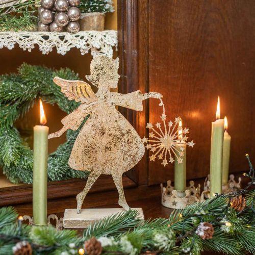 Artikel Engel mit Pusteblume, Metalldeko für Weihnachten, Dekofigur Advent Golden Antik-Optik H27,5cm