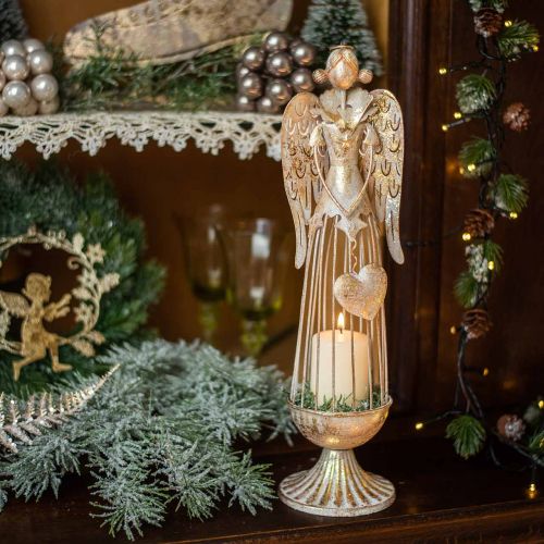 Engelfigur mit Herz, Weihnachtsdeko aus Metall, Deko Engel Antik-Golden H38cm