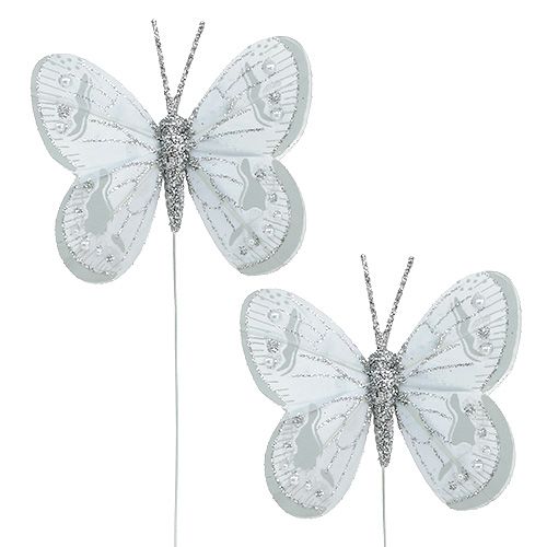 Floristik24 Federschmetterling Silber mit Glimmer 7cm 4St