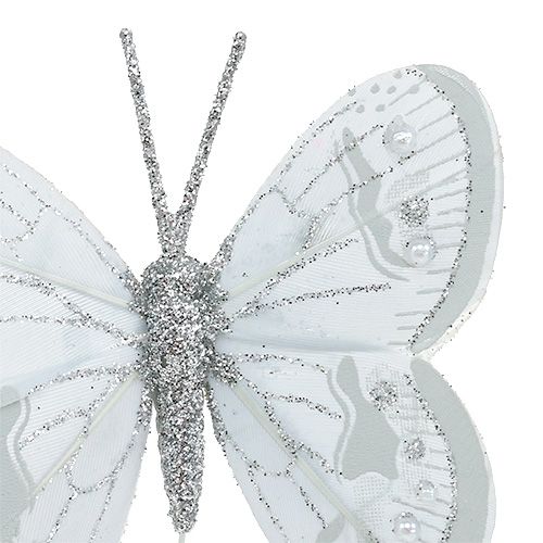 Floristik24 Federschmetterling Silber mit Glimmer 7cm 4St