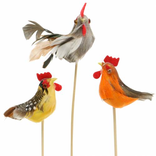 Floristik24 Hahn mit echten Federn am Stab Orange, Gelb, Braun Sortiert H5-6cm 12 St