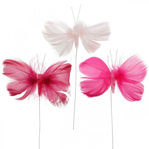 Floristik24 Federschmetterlinge Rosa/Pink/Rot, Deko-Schmetterlinge am Draht 6St