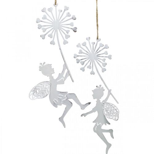 Floristik24 Fee mit Pusteblume, Frühlingsdeko zum Hängen, Metallanhänger Weiß, Silbern H25,5/27,5cm 4St