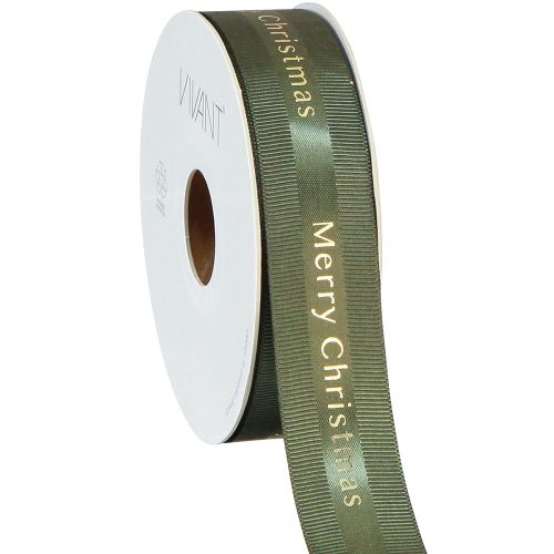 Festliches Weihnachtsband in Dunkelgrün mit goldenem 'Merry Christmas' Schriftzug Breit 25mm Länge 20m