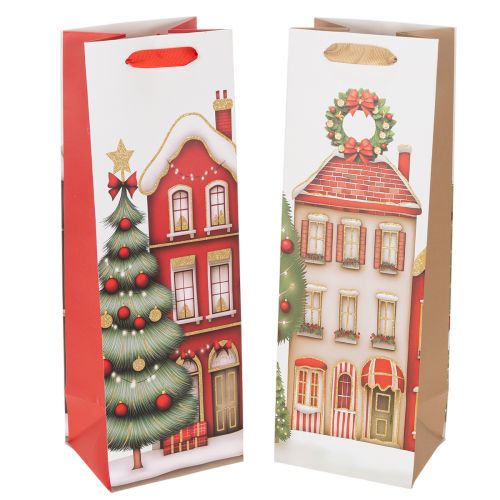 Geschenktasche für Flaschen, Set 2 Stück, 36 cm, Weihnachtsmotive, Haus und Tannenbaum