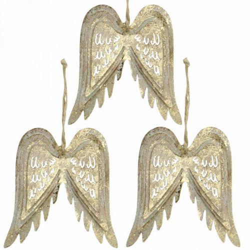 Floristik24 Engelsflügel, Metalldeko zum Hängen, Christbaumschmuck Golden, Antik-Optik H11,5cm B11cm 3St