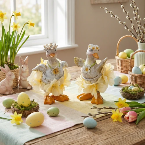 Oster Tischdeko mit Figuren Blüten Eiern und hellen Farben