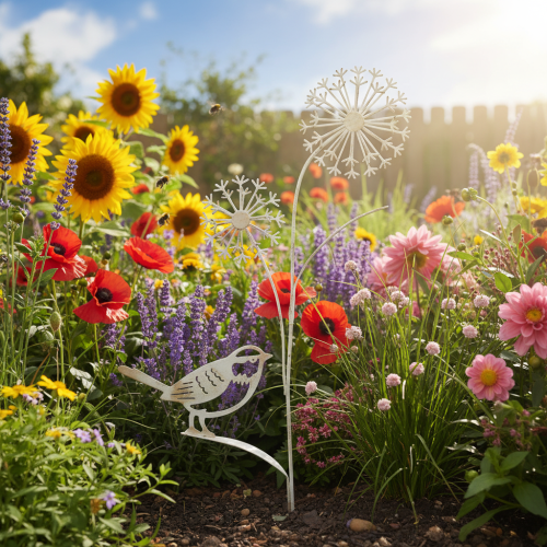 Artikel Blumenstecker Metall mit Allium Blüten und Vogelmotiv für den Garten