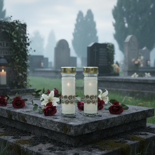 Artikel Grabkerzen Weiß Rosen Trauerlicht Ø7cm H23,5cm 100h 2St