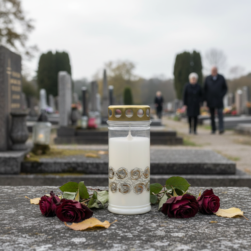 Artikel Grabkerze Weiß Rosen Gold Trauerlicht Ø7cm H18cm 77h