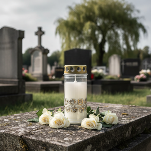 Artikel Grabkerze Weiß Rosen Gold Trauerlicht Ø7cm H18cm 77h