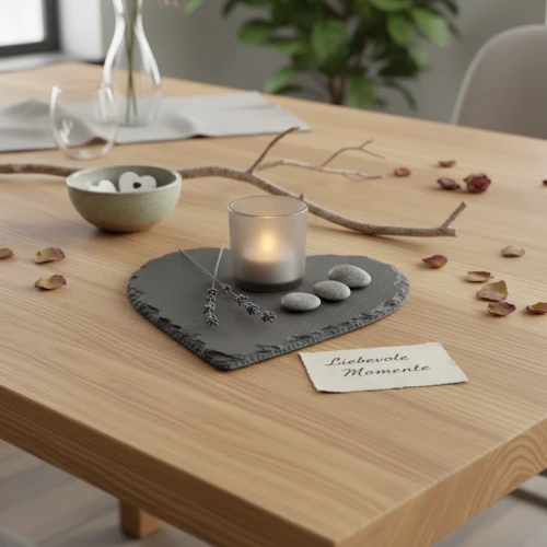 Abendtafel mit Kerze Schieferplatte Zweig und Naturdetails