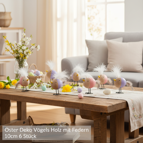 Deko Vogel Holz mit Federn und buntem Körper für Tischdekoration 10cm 6St | Floristik24.at
